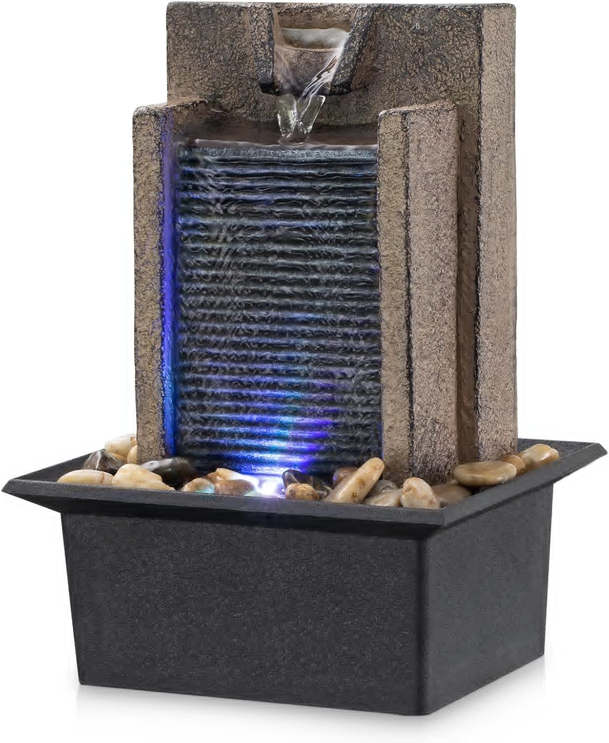 Indoor Fountains & Accessories - Amootek Tabletop Fountain Relaxing Tabletop Waterfall Fountain with Natural River Rocks & Color-Changing LED Lights - Indoor Zen Office/Home Decor Water Feature, 6.3