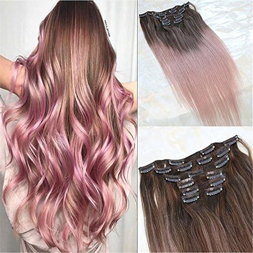 HairDancing 14" Full Head 100 Real Human Hair Clip in Ombre Real Hair Extensions Balayage Color Brown Fading to Color Rose Gold Thick Virgin Hair Clips in Real Hair 7Pcs 120Gram
