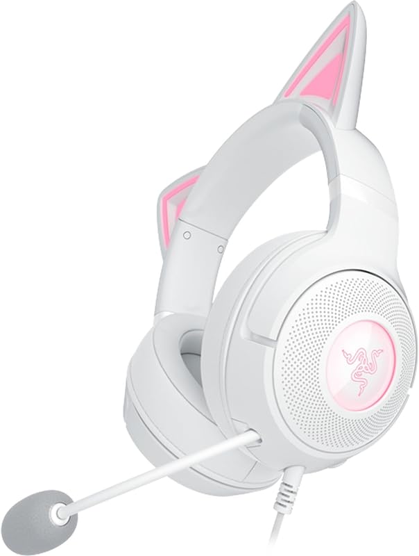 Kraken Kitty V2 - Casque Filaire RGB avec Kitty Ears pour Le Jeu et Le Streaming (325 g, Triforce 40 mm Drivers, HyperClear Cardioid Mic, Surround Sound) Blanc
