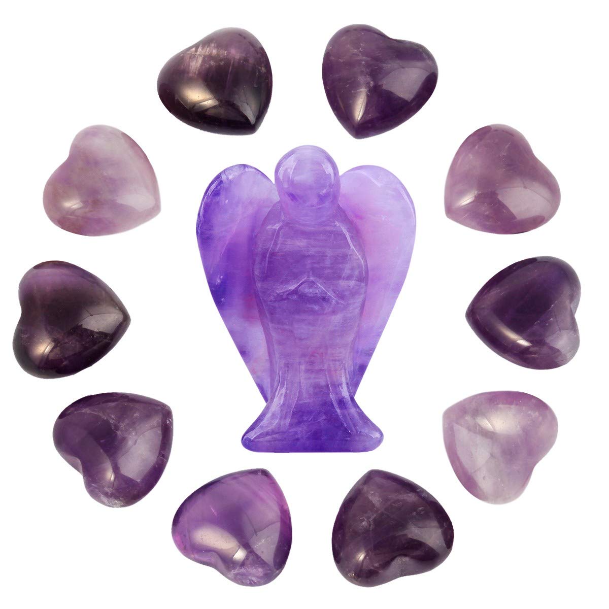 mookaitedecor Amethyst Crystal Angel Ornament Guardian Angel Statue & Amethyst Heart Crystals Set Purple Heart Shaped Stones Love Heart Ornament Reiki Healing Crystal Set Small Crystal Heart Gift
