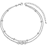Flyow Anklet for Women S925 Sterling Silver Adjustable Foot Beaded Heart Charm Ankle Bracelet Anklets Jewelry