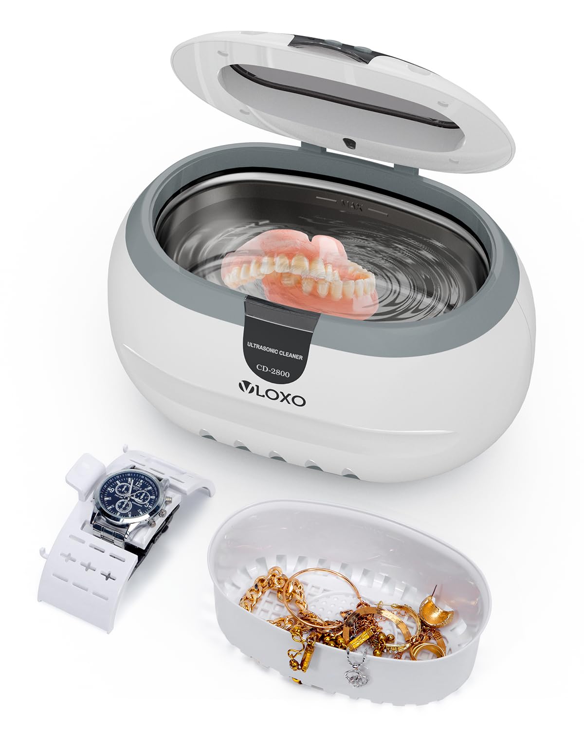 VLOXO Ultrasonic Cleaner,600ML 50W Jewellery Cleaner 3 Mins Auto Timer Silver Cleaner with Cleaning Basket and Watch Holder for Jewelry Silver Rings Necklace Shavers Dentures Glasses Watches