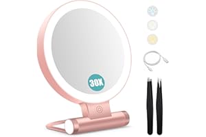 B Beauty Planet Magnifying Mirror with Light 30X, Double-Sided 1X/30X Magnifying Makeup Mirror with Tweezer, 2000mAh 3 Colour Modes with Adjustable Brightness,Foldable Compact Travel Mirror(Rose Gold)
