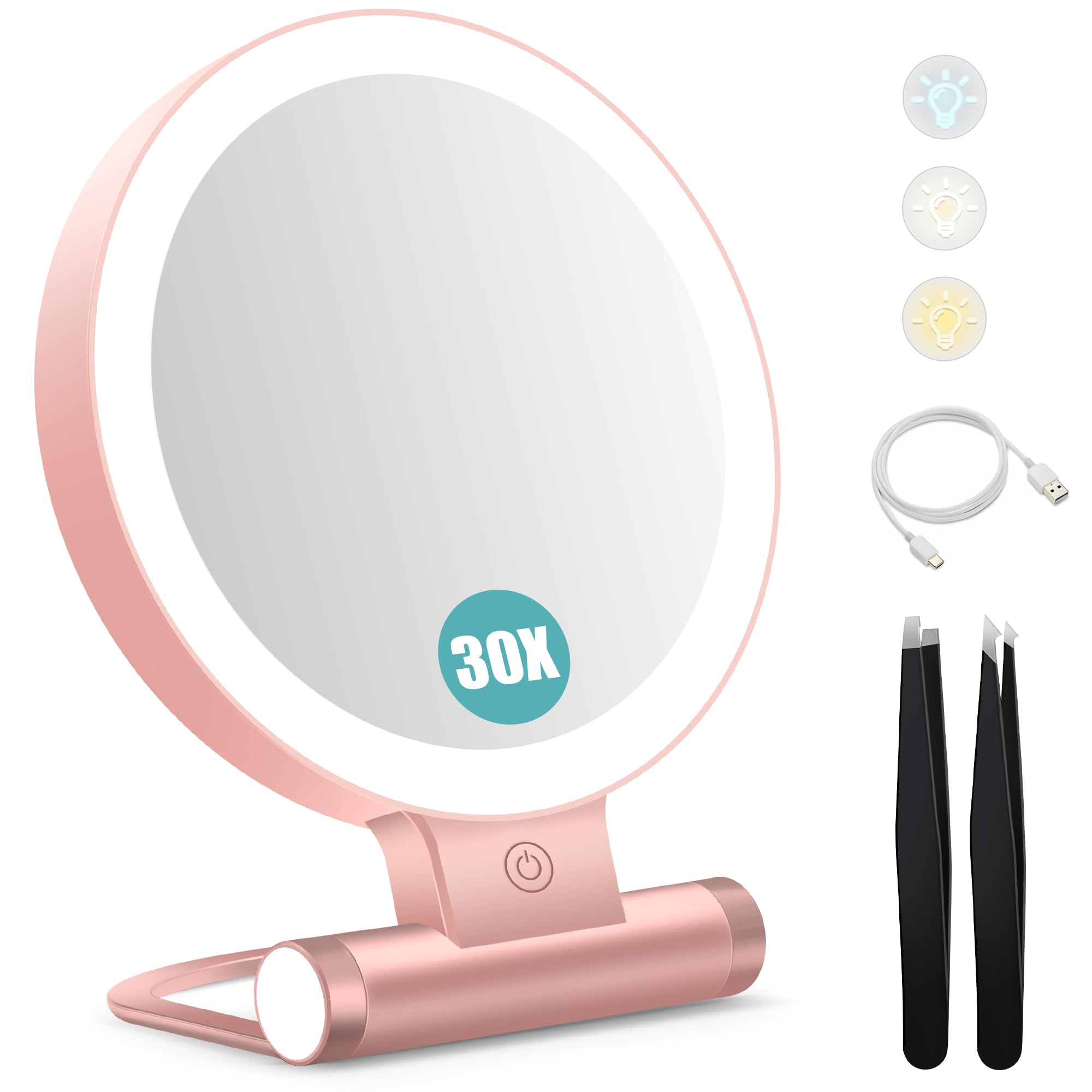 Photo 1 of B Beauty Planet Magnifying Mirror with Light 30X, Double-Sided 1X/30X Magnifying Makeup Mirror with Tweezer, 2000mAh 3 Colour Modes with Adjustable Brightness,Foldable Compact Travel Mirror(Rose Gold)