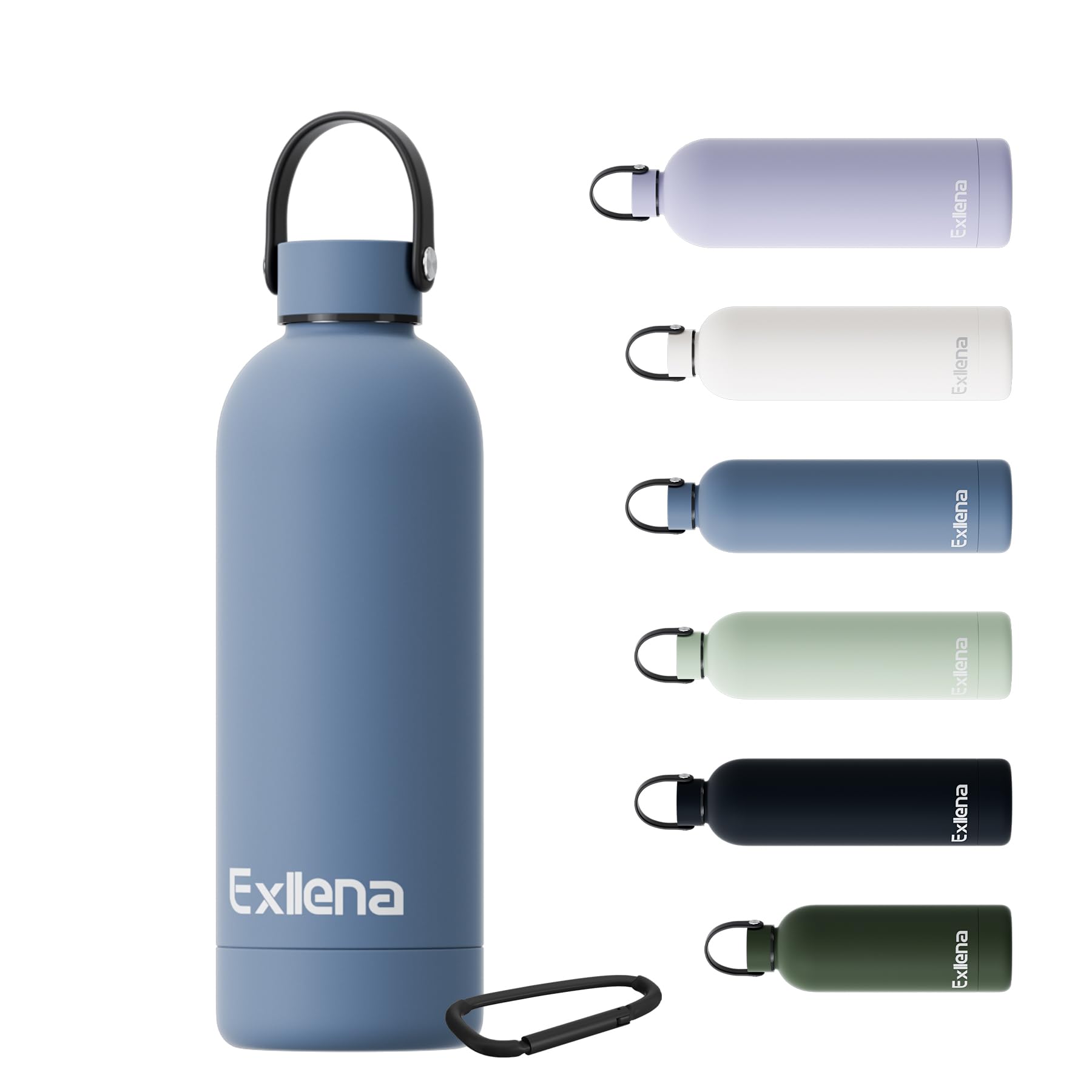 Exllena 500ml Water Bottles Metal with Handle Lid and Carabiner, Double Wall Vacuum Drinks Bottle Keeps Drinks Cold 24 Hrs/Hot 12 Hrs, Stainless Steel Water Bottle BPA Free(Whale Blue)