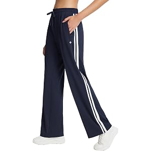 baleaf Womens 27" Track Pants Striped Wide Leg Sweatpants Petite | Zipper Pockets, Straight Leg, Drawstring, Loose Fit, Moist
