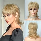 StrRid Blonde Synthetic Wig Short Shaggy Layered Wolf Cut with Bangs 80s Mullet Pixie Style for Women Adults Halloween Cosplay Party Daily Costume