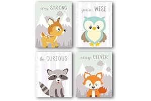 CHDITB Woodland Animals Art Print, Adorable Fox Owl Racoon Deer Wall Art Painting, Set of 4(12x16inches) Canvas Cartoon Inspirational Forest Animal Picture for Kids Room Nursery Decor