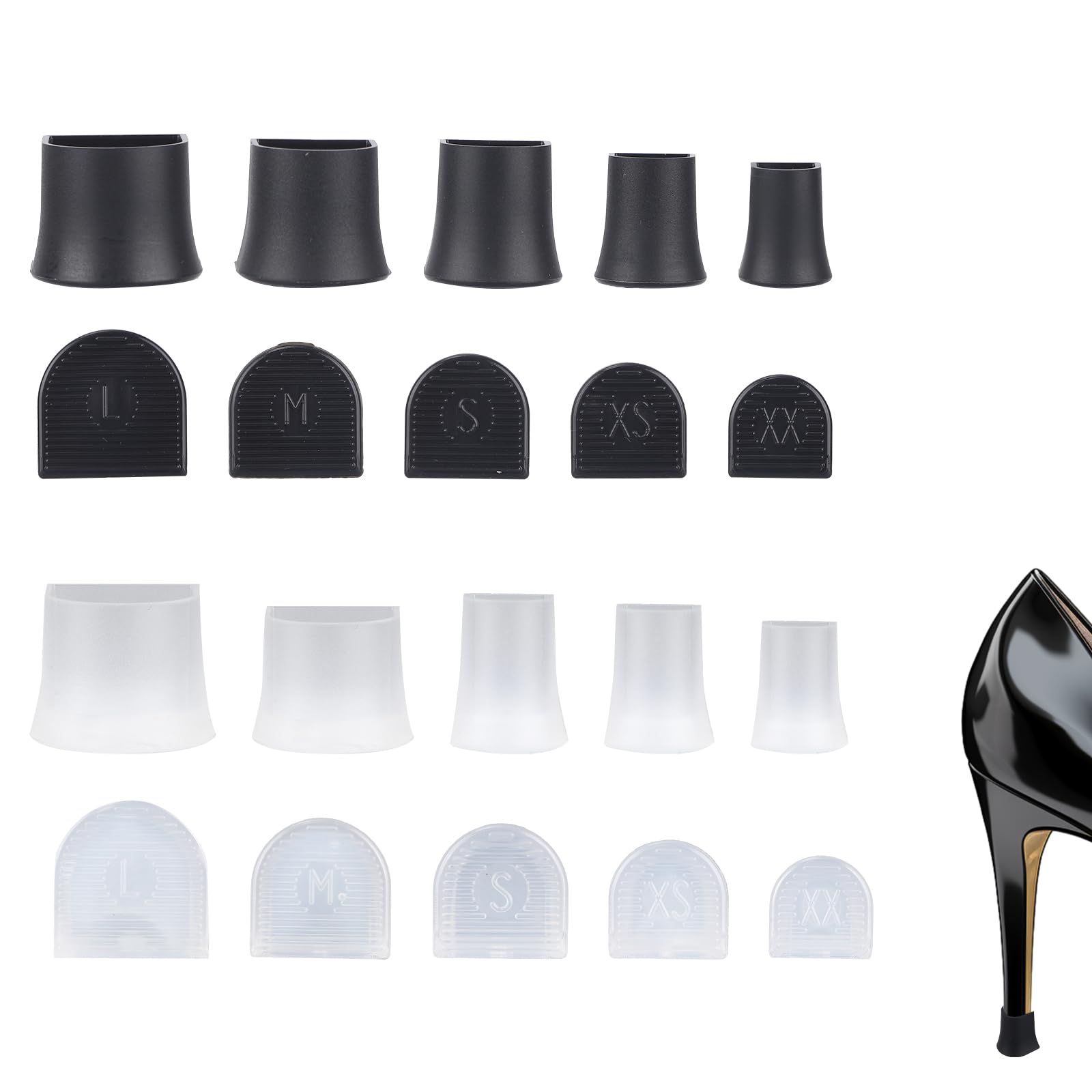 Photo 1 of 20 Pcs High Heel Protectors, 5 Sizes Stiletto Stoppers & Repair Cap for Shoes Women High Heels Anti-Slip Heel Covers for Outdoor Activities Wetland Grass Gravel (Black, Transparent)