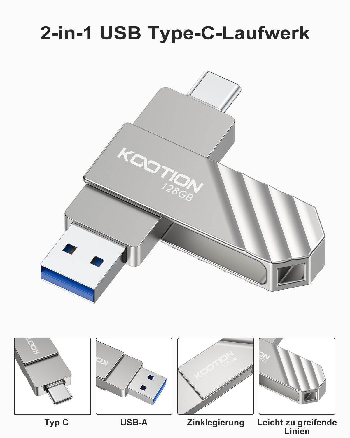 KOOTION USB Stick 128GB USB C Stick USB 3.2 Speicherstick OTG Bis zu 500MB/s 2-in-1 Typ C Flash Laufwerk Externer Speicher Metall für USB-C-iPhone/Android-Smartphone/Tablet/Mac/Laptop/PC,Silber 2