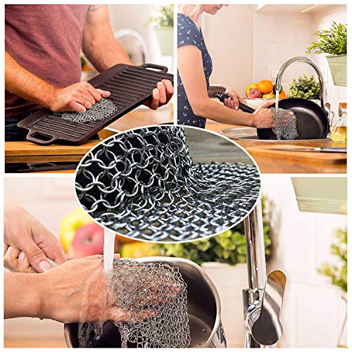 Ulimitx Cast Iron Cleaner Stainless Steel Chainmail Scrubber Protects Cookware and Anti Rust with Hanging Ring For Skillet, Pan, Pot, Griddle and Wok etc.