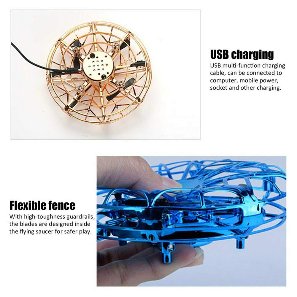 Autmor Mini UFO Drone Flying Toy Hand Operated Quadcopter Drones for Kids or Adults - Hands Free UFO Helicopter with 360° Rotating and Shinning LED Lights Easy Indoor Outdoor for Boys Girls - Gold