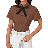 Rooscier Women's Collared Bow Tie Button Down Short Sleeve Elegant Work Shirt Blouse Top