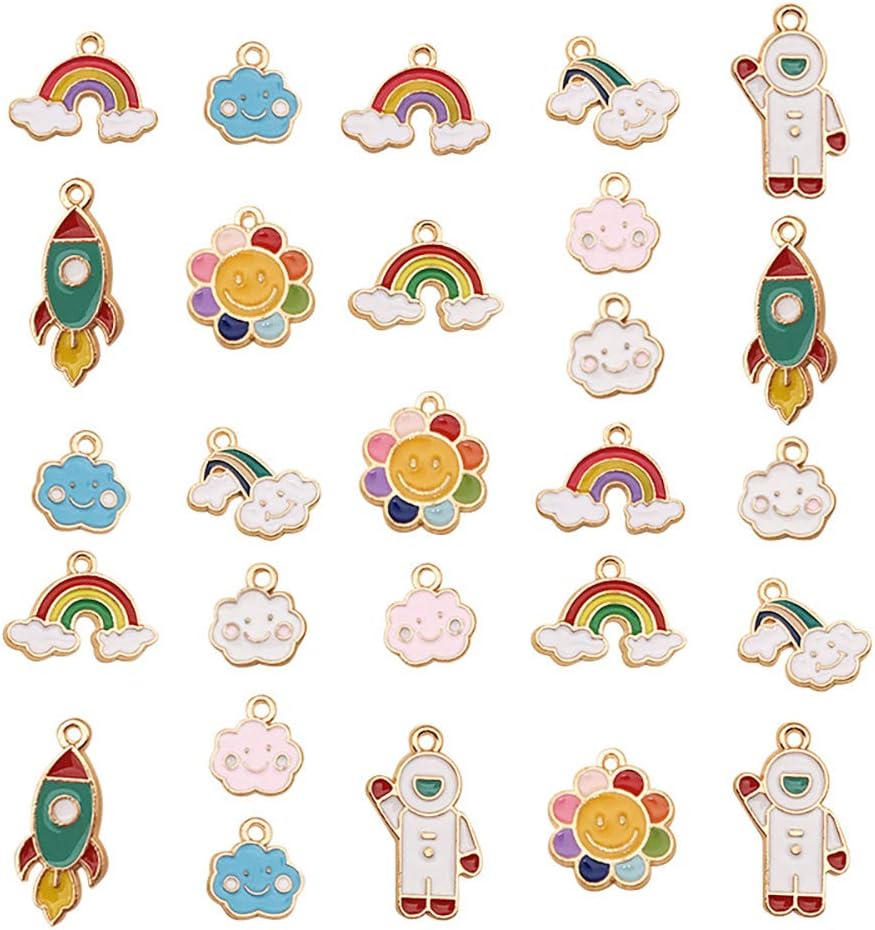 GOTONE 27 Pcs Assorted Gold Plated Cute Enamel Rainbow Clouds Flowers Suns Astronauts Rockets Charm Pendants DIY for Necklace Bracelet Earring Jewelry Making