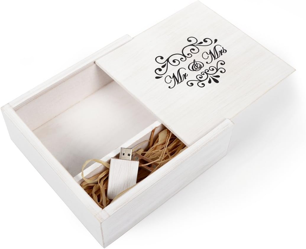 Antique Wedding White Maple 16GB USB Flash Drive - 4 x 6 Photo Box. Holds 125 Photos - Inserted into a Printed Matching Maple Photo Box with Raffia Grass Inside - Wedding Mr & Mrs Design