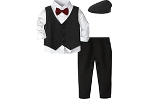 A&J DESIGN Toddler 4-Piece Formal Suits Baby Boy Gentleman Outfit with Dress Shirt, Bow Tie, Vest, Pants and Flat Hat