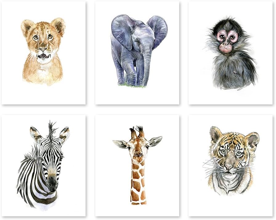 AtoZStudio A1 Nursery Wall Art - Set of 6.Baby Animal Wall Art.Safari Nursery Decor.Posters.Wildlife.(8x10)