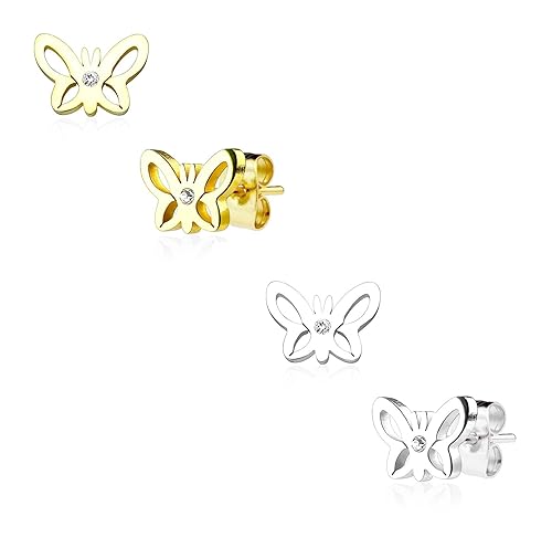 beyoutifulthings Damen 1 Paar Ohringe Ohr-ringe Set Ohr-stecker Edelstahl Chirurgenstahl Schmetterling Hollow clear Zirkonia 