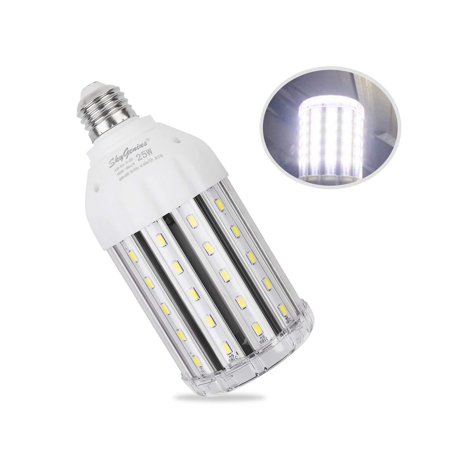 25W Daylight LED Corn Light Bulb for Indoor Outdoor Large Area - E26 2500Lm 6500K Cool White,for Street Lamp Post Lighting Garage Factory Warehouse High Bay Barn Porch Backyard Garden Super Bright