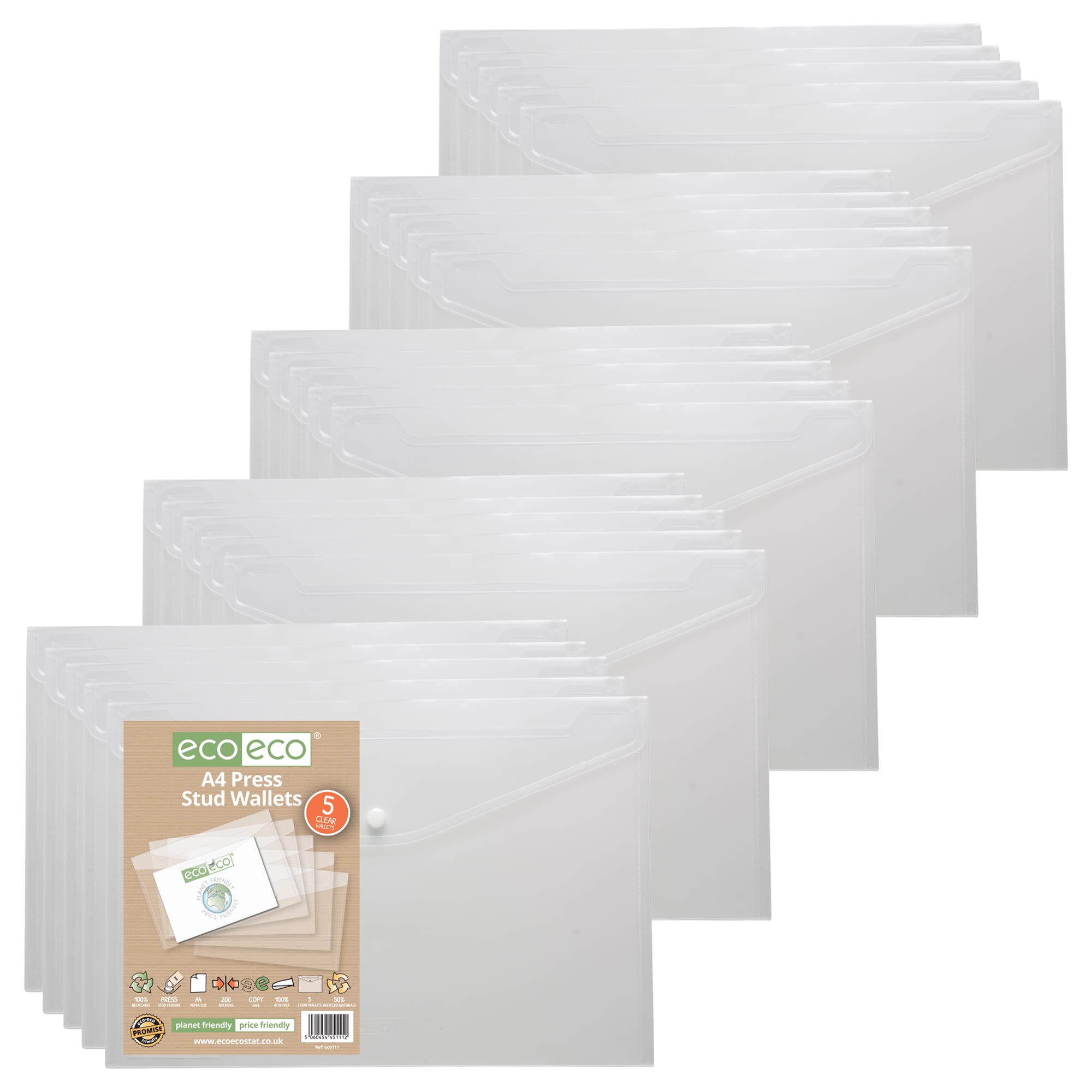 eco-eco A4 50% Recycled Clear Transparent Press Stud Popper Wallet, Plastic Folders 310x238mm (Pack of 25), 200mic, eco111x25