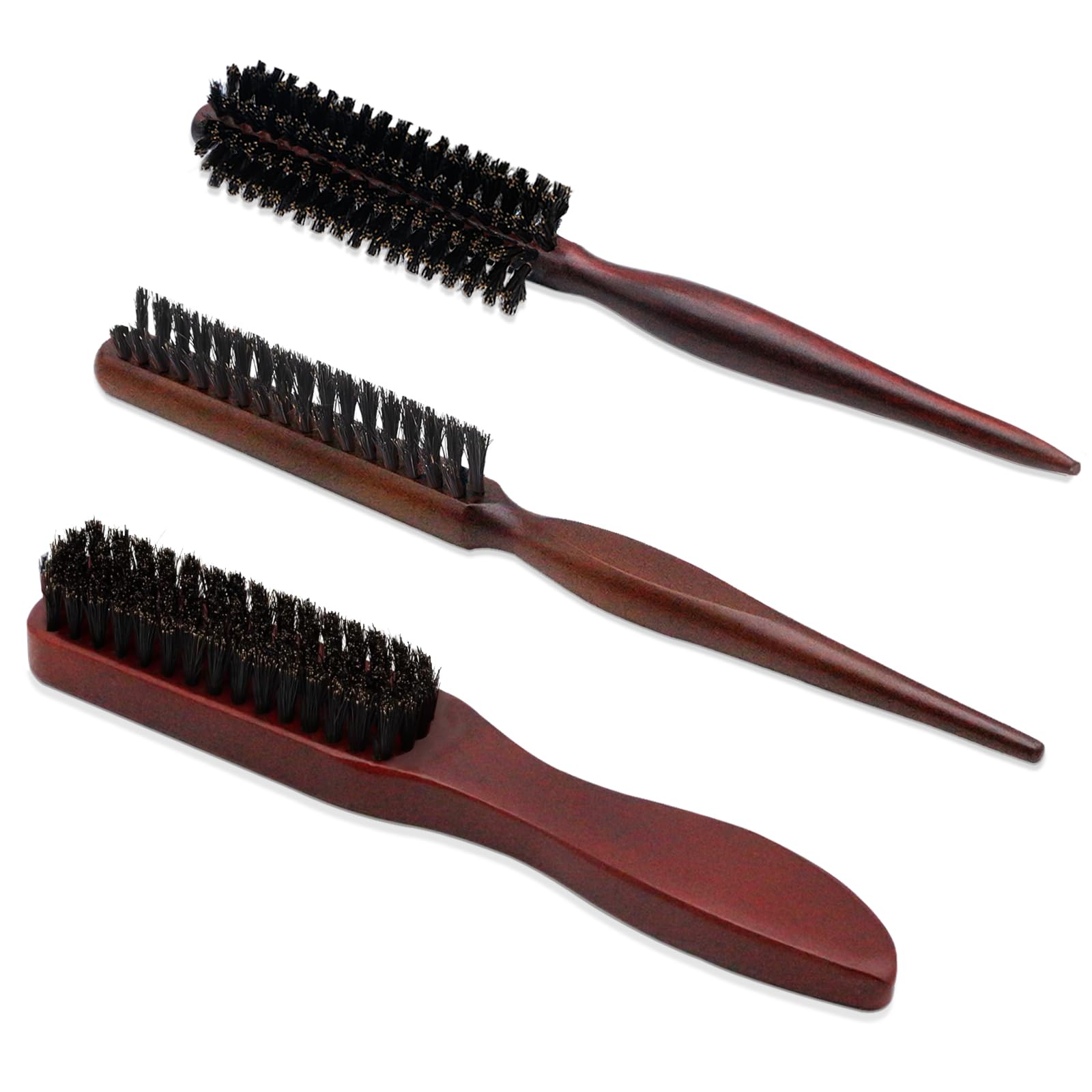 Rigidstone Pack of 3 Boar Bristle Brush, Hair Brush with Wooden Handle, Sleek Bun Brush, Beard Brush Made of Bristles, Hair Brush, Soft Bristles for Detangling and Styling, for Men and Women