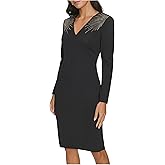 Calvin Klein Women's Long Sleeve V-Neck Rhinestone Studded Crepe Mini Dress