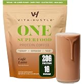 VitaHustle ONE Vegan Protein Powder, Cafe Latte, 15 Servings | Meal Replacement Shake, 20g Plant Protein Meal Replacement, 80+ Superfoods &amp; Greens, Probiotics+, No Dairy, No Gluten