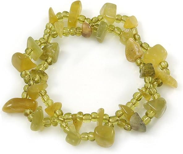 Avalaya Olive Green Semiprecious Stone, Glass Bead Loop Flex Bracelet