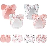 LIDHAY 4PCS Newborn Baby Hospital Hats Beanie Bow Infant Caps Cotton Preemie Hats No Scratch Mittens Set for 0-1 Years Old