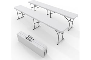2PCS 6 Foot Portable Folding Bench – White HDPE Benchtop with Metal Frame & Carrying Handle for Indoor/Outdoor Picnic Camping