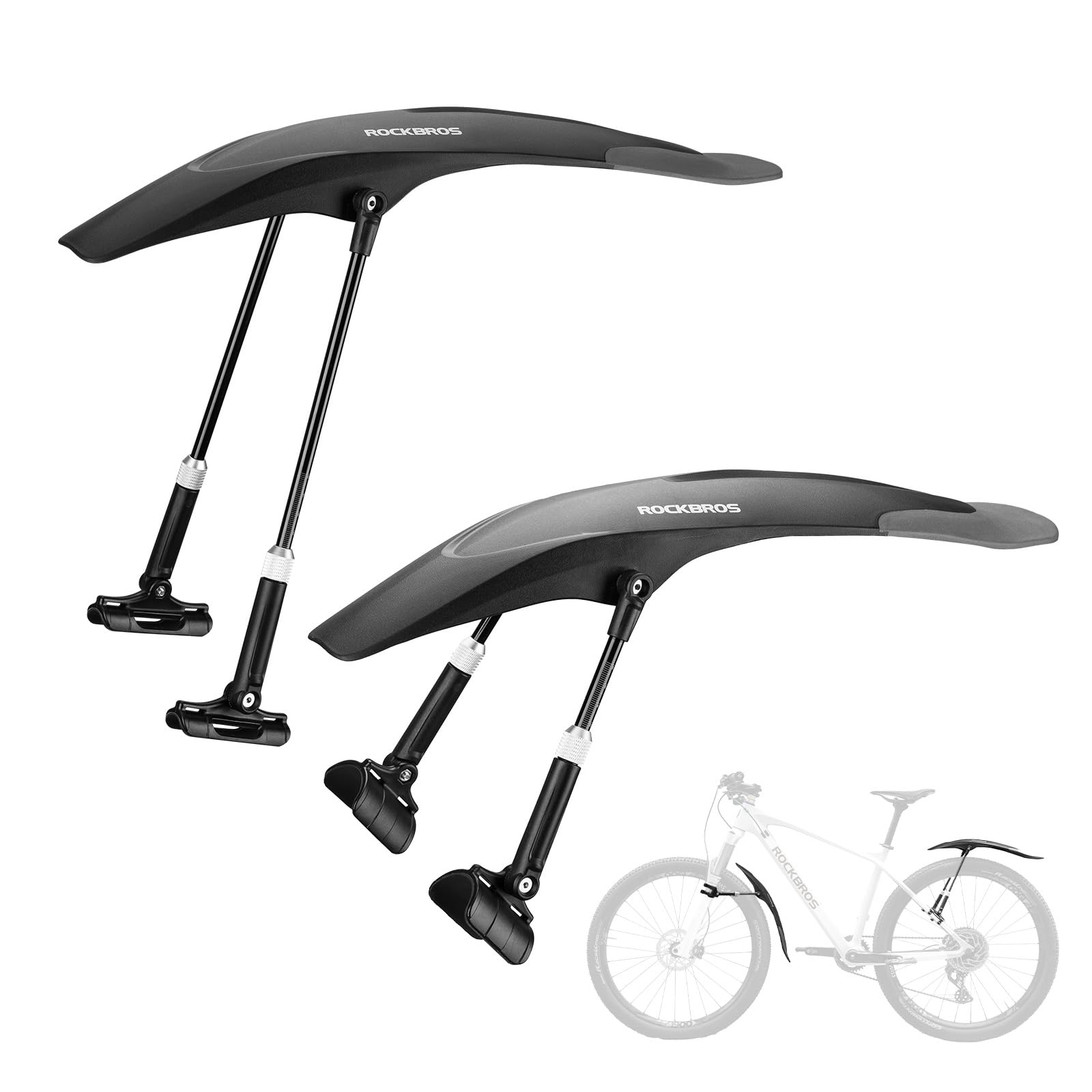 ROCKBROS Bicycle Mudguard Set Front/Rear Bicycle Mudguard Adjustable Universal Flexible Plug-in Mudguards with Struts 26-29 Inch Wheels Innovative Assembly for MTBs City Bikes Road Bikes