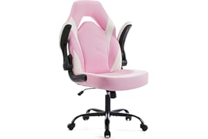 Sweetcrispy Computer Gaming Desk Chair - Pink Ergonomic Office Executive Adjustable Swivel Task PU Leather Racing Chair with Flip-up Armrest for Adults, Kids, Men, Girls, Gamer, White Pink