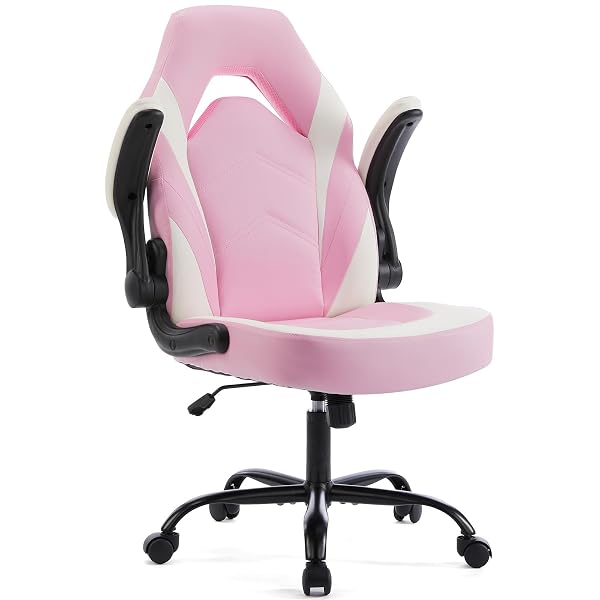 SWEETCRISPY COMPUTER GAMING DESK CHAIR – ERGONOMIC LUMBAR SUPPORT EXECUTIVE WITH PU LEATHER AND FLIP-UP ARMREST, HEIGHT ADJUSTABLE WITH 360° SWIVEL WHEELS, PINK WHITE, FOR HOME AND OFFICE