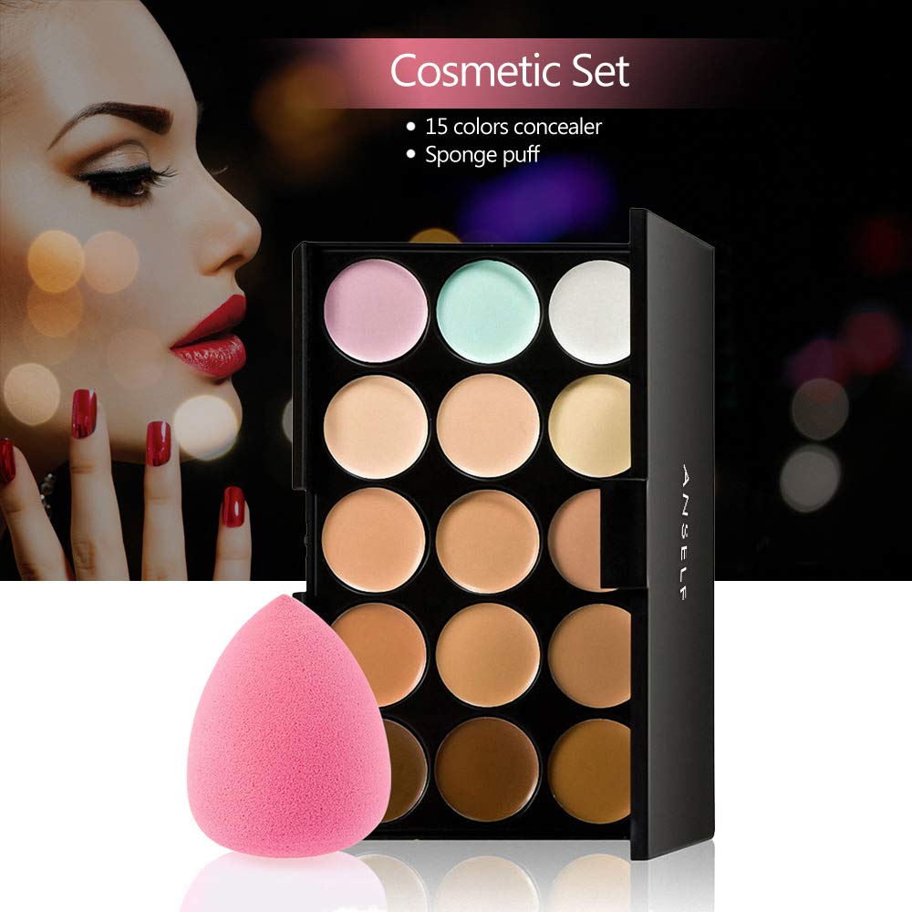 Concealer Palette, Anself 15 Colors Makeup Cream Facial Camouflage Concealer Palette with Sponge Puff Oval & Makeup Brush for Christmas Gift : Beauty