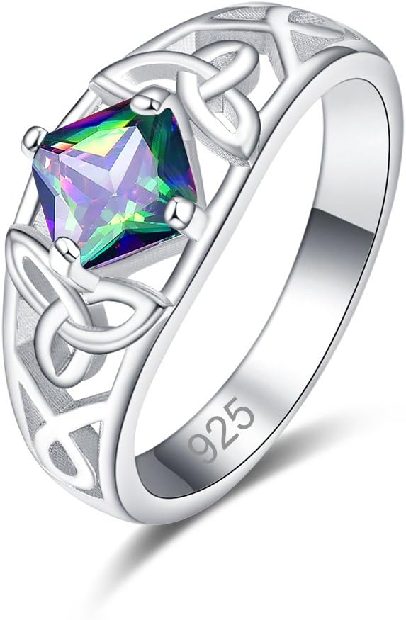 Psiroy 925 Sterling Silver Created Emerald Quartz Filled Princess Cut Irish Celtic Knot Band Ring for Women