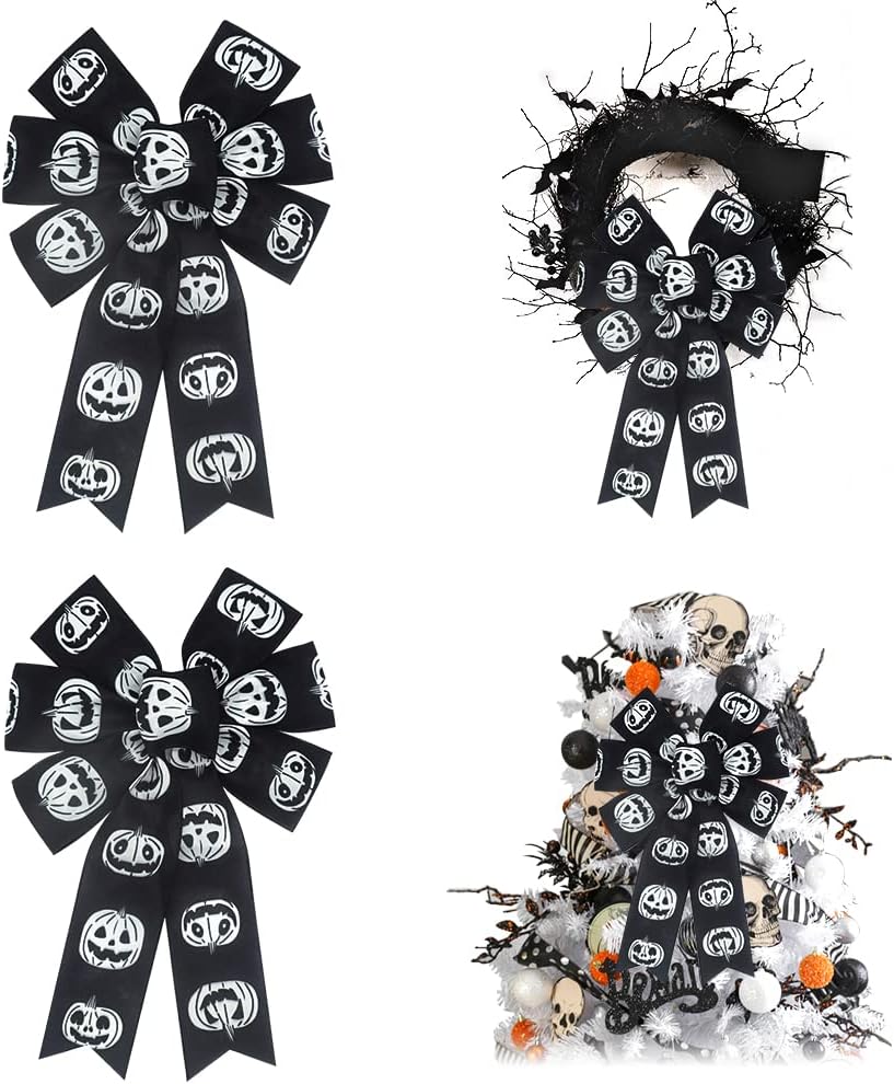 Bows & Ribbons - ALIBBON 2Pcs Halloween Bows for Wreaths, Halloween Wreath Bows, White Black Bows, Pumpkin Bows for Front Door, Halloween Decor, Burlap Bows for Wreath Indoor Outdoor Wall Decorations