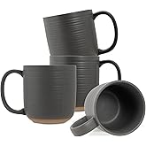 Elanze Designs Ribbed Ceramic Stoneware 16 ounce Raw Clay Bottom Coffee Mugs Set of 4, Grey