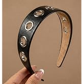 Huachi Grommet Headband for Women Trendy Y2K Aceessories: 1.5 inch Wide Headband with holes, Eyelets Punk Grunge Thick Hairband Black