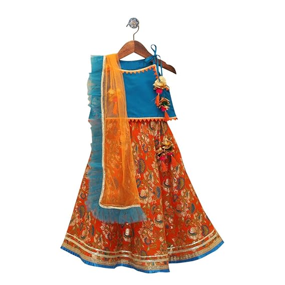 Peaches By Hopscotch Girls Poplin Floral Print Blouse, Lehenga And Dupatta Set in Orange Color