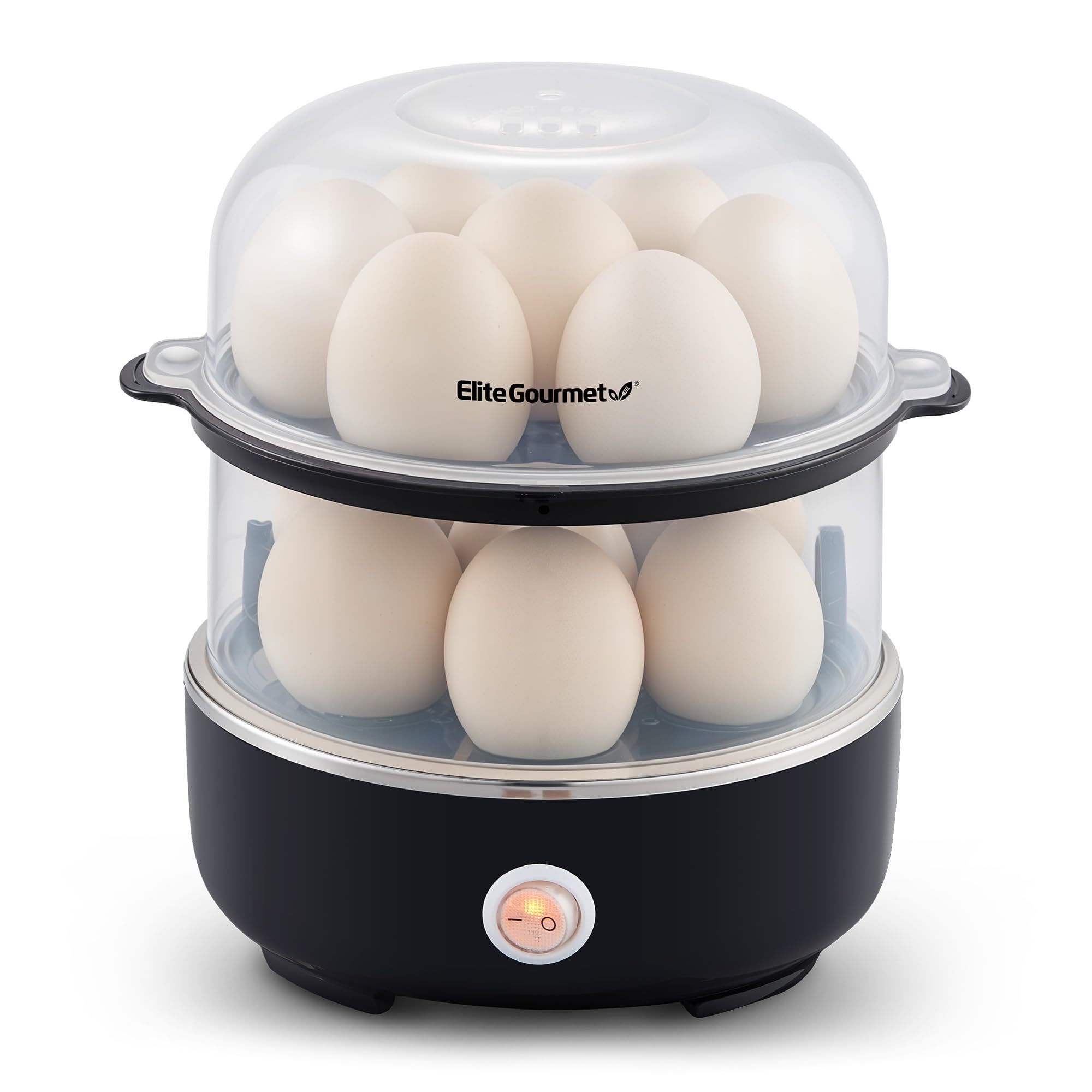 Photo 1 of Elite Gourmet EGC1215B Easy Egg Cooker, Stainless-steel Heating Plate, Two-Tiered, 14-Egg Capacity, Soft, Medium, Hard-Boiled, Auto Shut-Off, Omelets, Poached Eggs, Measuring Cup, Piercing Pin, Black