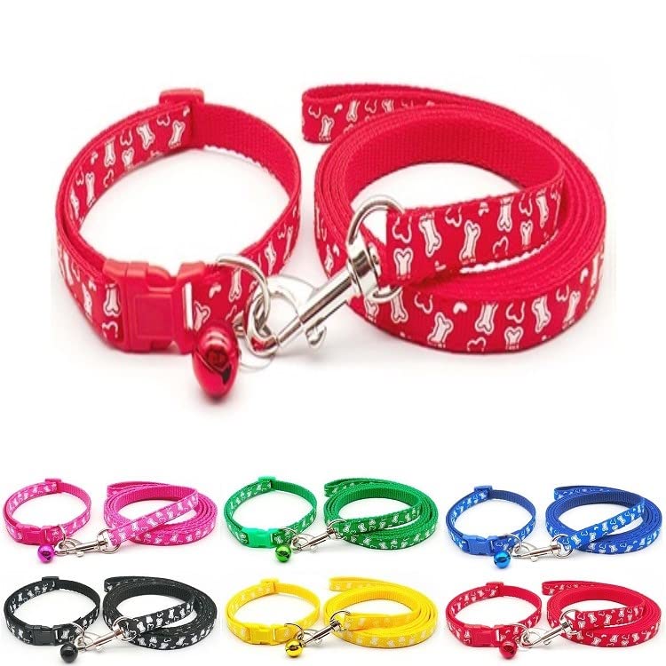 Small Dog Puppy Pet Collar and Lead Set White Bone Design Nylon Adjustable Size 19-32cm Collar with Bell and 120cm Leash Red