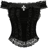 SHENHE Women's Goth Top Lace Trim Velvet Off Shoulder Short Sleeve Punk Top Shirt