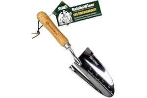 Rainbowiner Garden Hand Trowel with Serrated Blade for Weeders Cutting, Transplanting, Digging...Strong Chrome Coated Stainless Steel and Wooden Handle Garden Tools ...with Inch Depth Marks