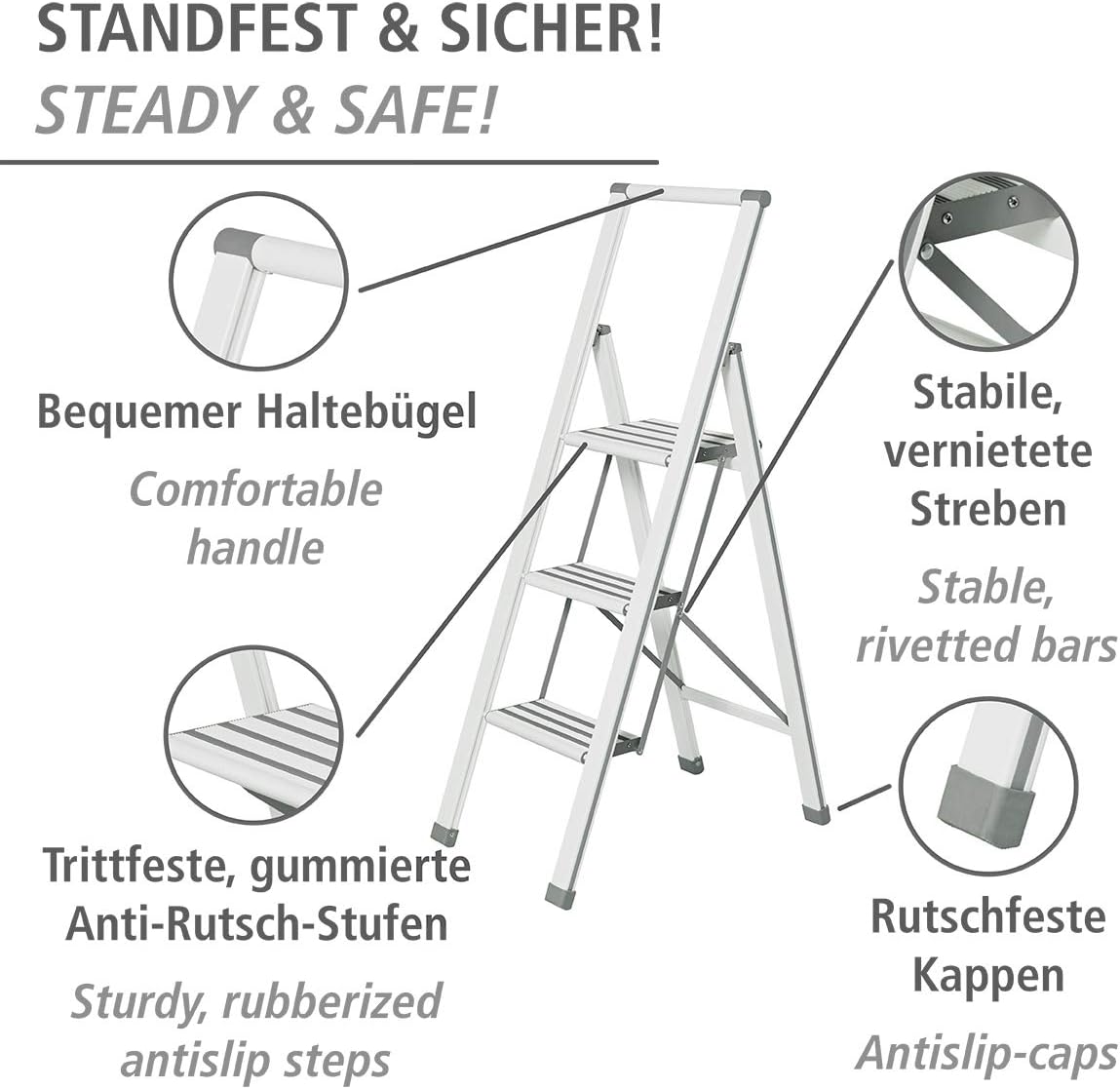 WENKO 601016100 Aluminium design folding stepladder 3-step white - household ladder, Aluminium coated, 44 x 127 x 5.5 cm, White - Image 3
