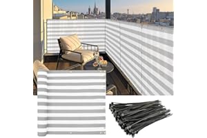 Coarbor 3'x4' Balcony Privacy Fence Screen Mesh Balcony Cover for Balcony Porch Verandah Deck Terrace Patio Backyard Railing 160GSM Up to 90% Blockage Grey White Strip