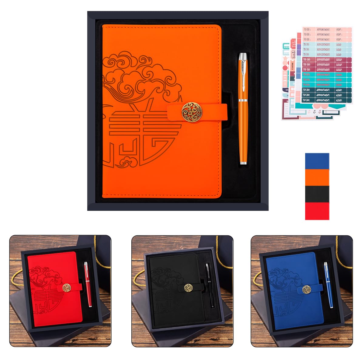 ZMHQLPDZ A5 Leather Journal Notebooks- Magnetic Buckle Notebook with Metal Pens & Gift Box & 4 sheet Label Stickers for Work, Study, Journaling (ORANGE)