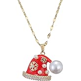 Red Christmas Necklace for Women Cute Christmas Hat Pearl Necklace Crystal Tree Pendant Necklace, New Year's Birthday Jewelry
