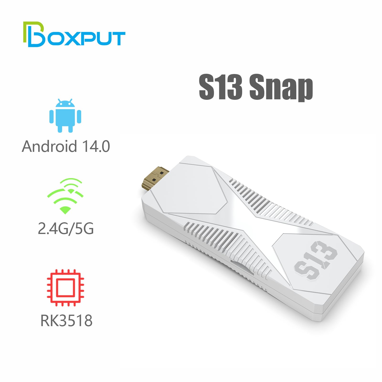 Boxput S13 Snap Android TV Stick Android 14 Streaming Device RK3518 Quad Core 2GB RAM 16GB ROM Dual Band WiFi 2.4G Voice Remote Control Smart TV Dongle with Gift Dust Bag