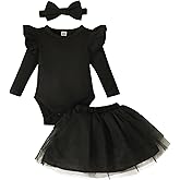 Doahapyker Baby Girl Ruffle Sleeve Romper Dress Newborn Solid Color Dress Bow Outfit Infant Jumpsuit Tutu Skirt Set Clothes