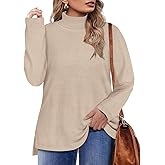 CARCOS Plus Size Sweaters for Women Solid Turtleneck Sweater Long Sleeve Pullover Tops Casual Split Hem Knit Shirts